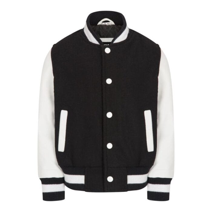 Boys Wool Real Leather Varsity Kids Bomber Jacket Varsity Black White Vintage - Knighthood Store