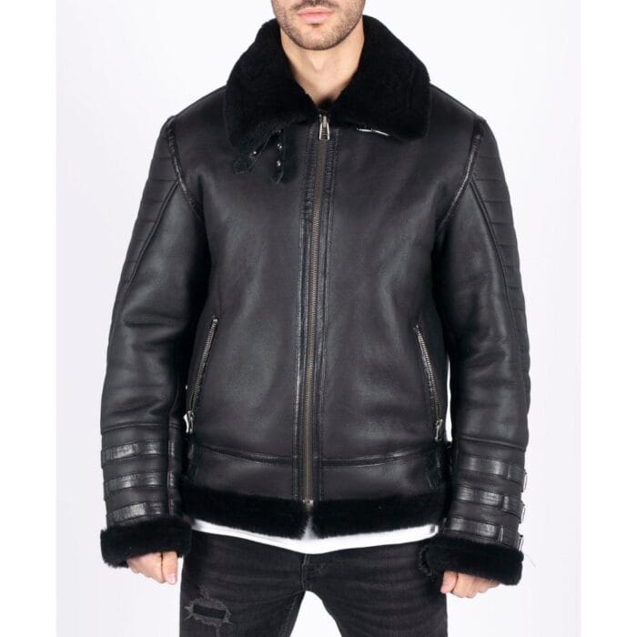 Chaqueta de aviador de piel de oveja auténtica negra para hombre, con cremallera, abrigo de invierno cálido de piloto de la Segunda Guerra Mundial - Knighthood Store