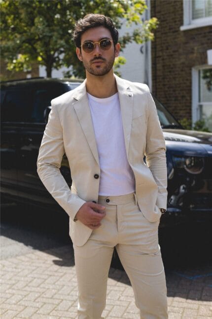 Abito estivo da uomo 2 pezzi beige, elegante, casual, classico, su misura, stile italiano, per ufficio e matrimonio - Knighthood Store