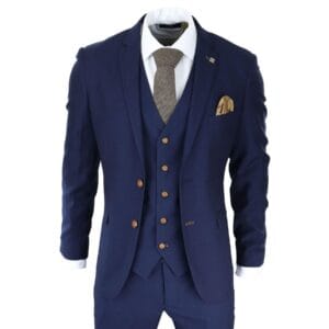 Traje azul marino de 3 piezas para hombre, con ribete marrón, clásico, estilo ojo de pájaro, estilo vintage, para boda y novio - Knighthood Store