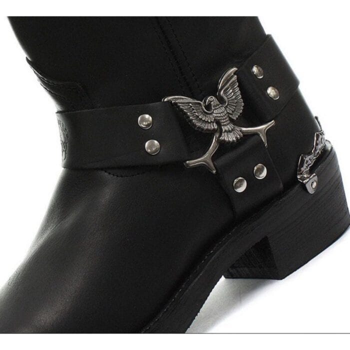 Stivali da motociclista alti in vera pelle da uomo, stile rock punk, con fibbia ad aquila e punta in metallo - Knighthood Store