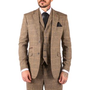 Mens 3 Piece Classic Tweed Herringbone Check Tan Brown Slim Fit Vintage Suit - Knighthood Store