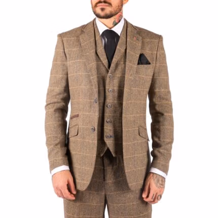 Mens 3 Piece Classic Tweed Herringbone Check Tan Brown Slim Fit Vintage Suit - Knighthood Store