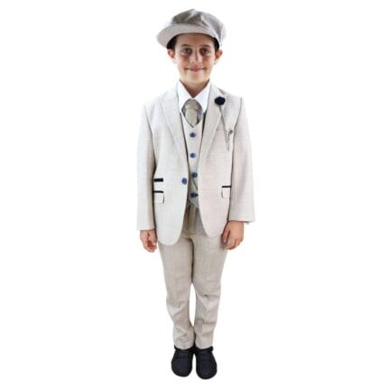Boys 3 Piece Suit Tweed Cream Black Tailored Fit Wedding Blinders Classic - Knighthood Store