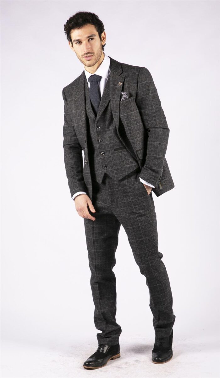Mens Grey Tweed 3 Piece Suit Blue Check Vintage 1920s Gatsby Blinders Tailored Fit - Knighthood Store