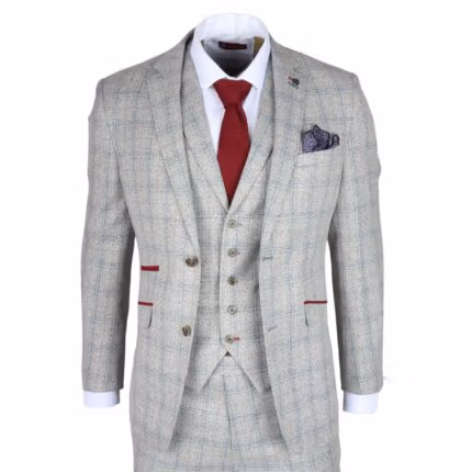 Men's Suit 3 Piece Grey Checked Slim Fit Formal Dress - Knighthood Store