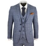 Mens Blue 3 Piece Suit Vintage Navy Tan Check Tailored Fit Classic Gatsby 1920s - Knighthood Store