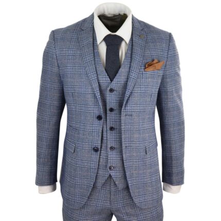 Mens Blue 3 Piece Suit Vintage Navy Tan Check Tailored Fit Classic Gatsby 1920s - Knighthood Store