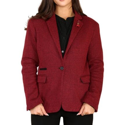 Damen Tweed Fischgräten Weste Blazer Jacke Weinrot Klassisch Vintage 1920er - Knighthood Store