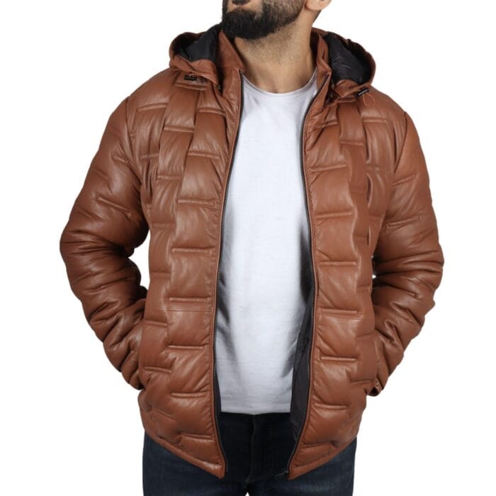 Men's Puffer Quilted Real Leather Jacket Hooded Casual - Knighthood Store