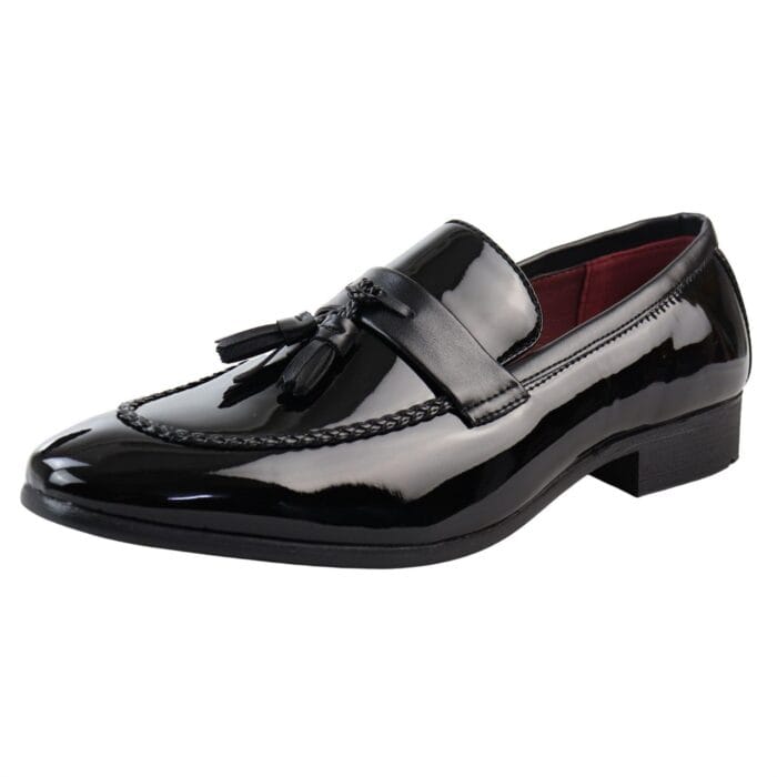 Mocassini da uomo in pelle verniciata, foderati, con nappe, scarpe eleganti - Knighthood Store