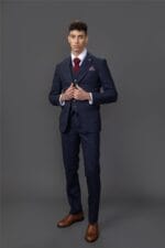 Costume homme 3 pièces en laine mélangée bleu marine à carreaux et chevrons en tweed, coupe cintrée, tenue habillée - Knighthood Store
