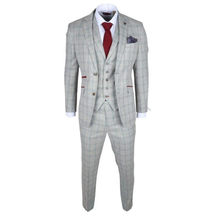 Men's Suit 3 Piece Grey Checked Slim Fit Formal Dress - Knighthood Store