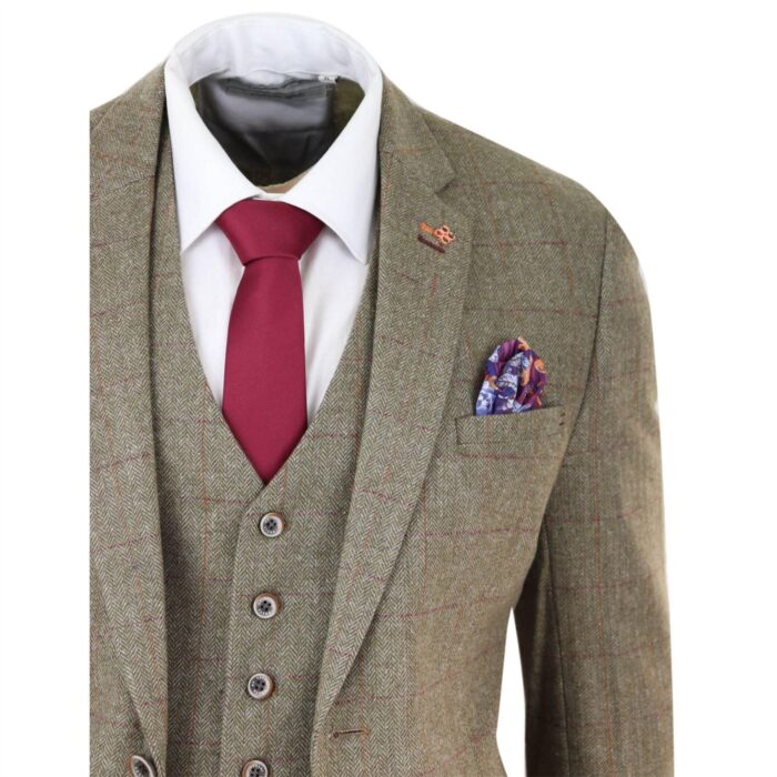 Mens Tweed Check Olive Green Wine Suit Tailored Fit Wedding - Knighthood Store