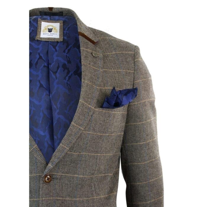 Herren Fischgrätenmuster Tweed Marc Darcy Hellbraun Slim Fit 2-Knopf-Blazer Karojacke - Knighthood Store