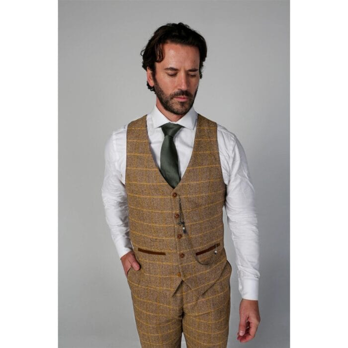 Traje formal de tweed marrón de espiga para hombre, de 3 piezas, en mezcla de lana - Knighthood Store
