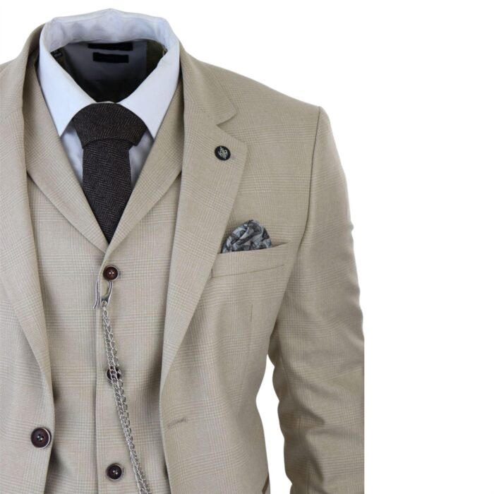 Mens 3 Piece Suit Prince Of Wales Check Cream Beige Tailored Fit Vintage Wedding - Knighthood Store