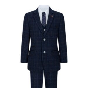 Boys Blue 3 Piece Suit Navy Check Wedding Prom Formal Vintage Tailored Fit - Knighthood Store