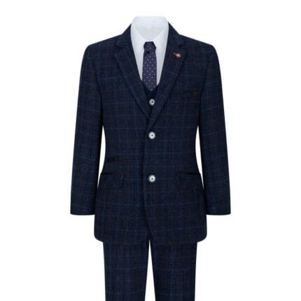 Boys Blue 3 Piece Suit Navy Check Wedding Prom Formal Vintage Tailored Fit - Knighthood Store