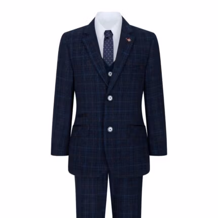 Boys Blue 3 Piece Suit Navy Check Wedding Prom Formal Vintage Tailored Fit - Knighthood Store