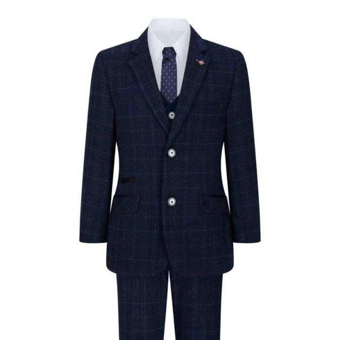 Completo da ragazzo blu a 3 pezzi, a quadri blu navy, per matrimonio, ballo di fine anno, stile vintage su misura - Knighthood Store