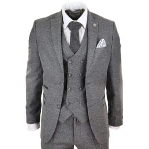 Traje de tres piezas de lana gris para hombre, con chaleco cruzado de tweed, años 20 - Knighthood Store
