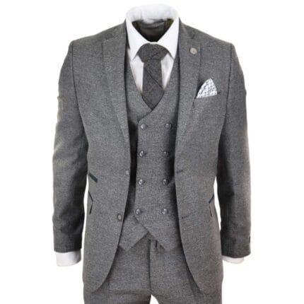 Mens Grey Wool 3 Piece Suit Double Breasted Waistcoat Tweed 1920s - Knighthood Store