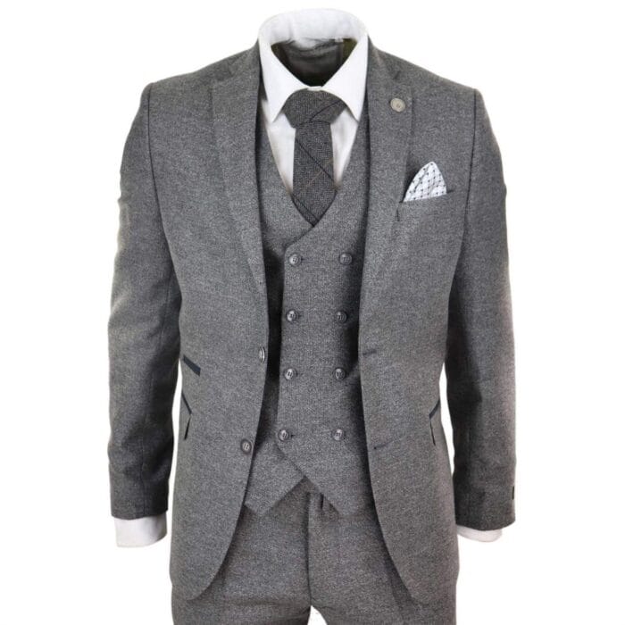 Abito da uomo in lana grigia, 3 pezzi, gilet doppiopetto, tweed, anni '20 - Knighthood Store
