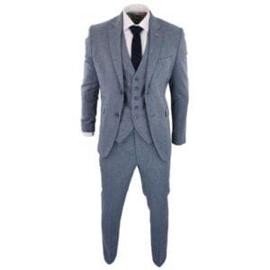 Costume 3 pièces en laine pour homme, tweed bleu clair, style vintage années 1920, gilet classique à 4 poches - Knighthood Store