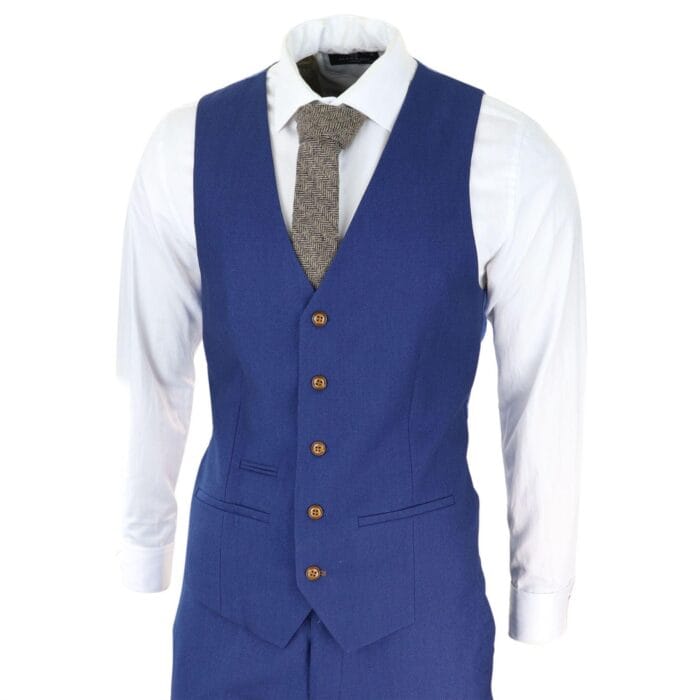 Mens Royal Blue 3 piece Suit Brown Trim Classic Birdseye Vintage Wedding Grooms - Knighthood Store