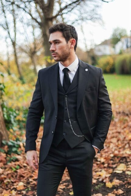 Traje clásico de 3 piezas para hombre, con cadena de bolsillo negra, para boda, corte a medida, estilo vintage formal - Knighthood Store