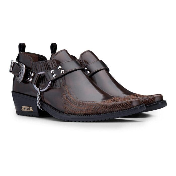 Zapatos estilo western de cuero genuino para hombre, con águila estadounidense, charol brillante, Wincklepickers, cinturón de cadena de metal, tacón cubano, vaquero de baile - Knighthood Store