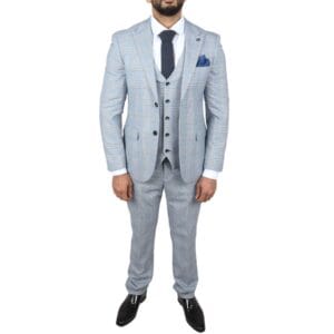 Traje de hombre azul de 3 piezas de tweed a cuadros para boda, graduación, corte entallado - Knighthood Store