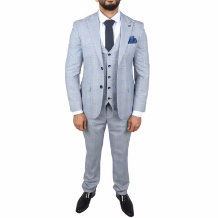 Men's Suit Blue 3 Piece Tweed Check Wedding Prom Tailored Fit - Knighthood Store