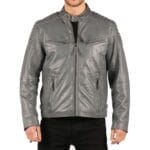 Veste motard zippée en cuir véritable bleu gris pour homme, style vintage décontracté délavé - Knighthood Store