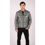Veste motard zippée en cuir véritable bleu gris pour homme, style vintage décontracté délavé - Knighthood Store