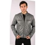 Veste motard zippée en cuir véritable bleu gris pour homme, style vintage décontracté délavé - Knighthood Store