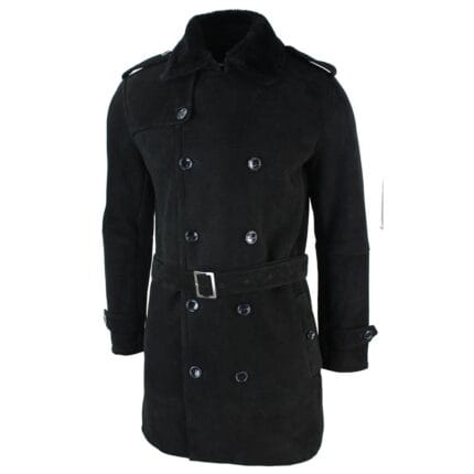 Herren Sherling Schaffell Schwarz Grau Zweireihiger Crombi 3/4 Mantel mit Gürtel - Knighthood Store