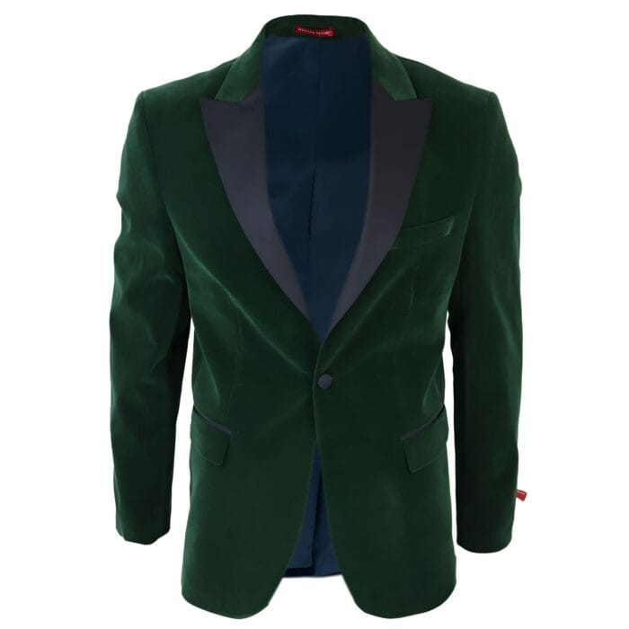 Grüner Herren-Smoking aus Samt, Blazer, Satin, steigendes Revers, Dinnerjacket, Hochzeit, Abschlussball, schwarze Krawatte – Knighthood Store