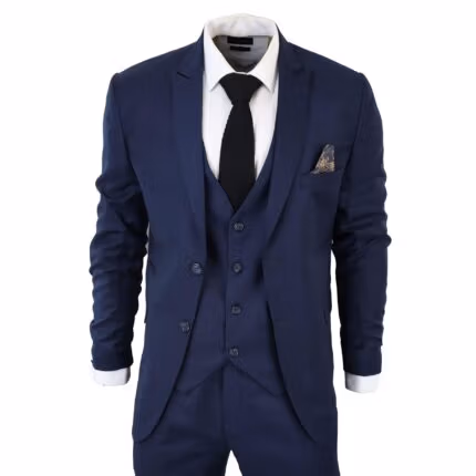 Men's Classic Navy Blue Suit 3 Piece Tailored Fit Vintage Office Wedding Prom - Knighthood Store