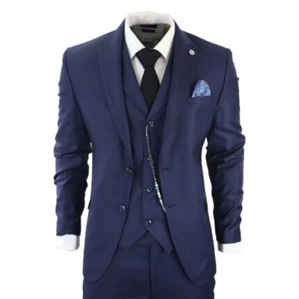 Mens Classic 3 Piece Suit Navy Blue Pocket Chain Wedding Tailored Fit Vintage Formal - Knighthood Store