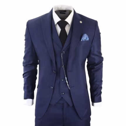 Mens Classic 3 Piece Suit Navy Blue Pocket Chain Wedding Tailored Fit Vintage Formal - Knighthood Store