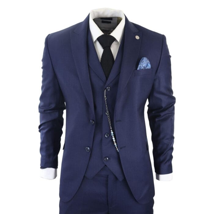 Mens Classic 3 Piece Suit Navy Blue Pocket Chain Wedding Tailored Fit Vintage Formal - Knighthood Store