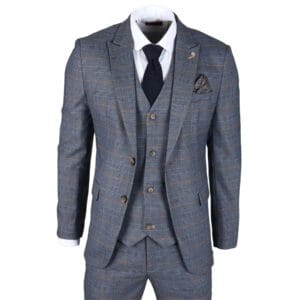 Herrenanzug, 3-teilig, Marineblau, kariert, klassisch, maßgeschneiderte Passform, formelle Kleidung – Knighthood Store