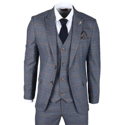 Men's Suit 3 Piece Navy Blue Checked Classic Plaid Tailored Fit Formal Dress - Knighthood Store