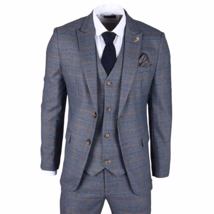 Men's Suit 3 Piece Navy Blue Checked Classic Plaid Tailored Fit Formal Dress - Knighthood Store