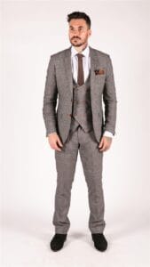 Abito 3 pezzi in tweed grigio con motivo Principe di Galles e gilet doppiopetto slim fit - Knighthood Store
