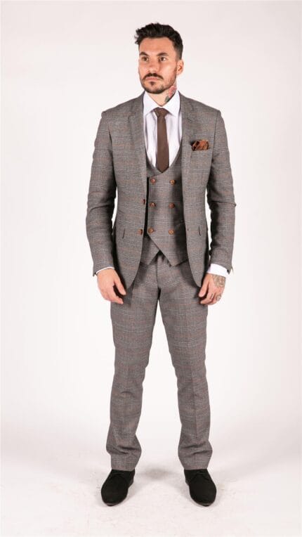 Traje de tweed gris de tres piezas, cuadros Príncipe de Gales, corte entallado y chaleco cruzado - Knighthood Store