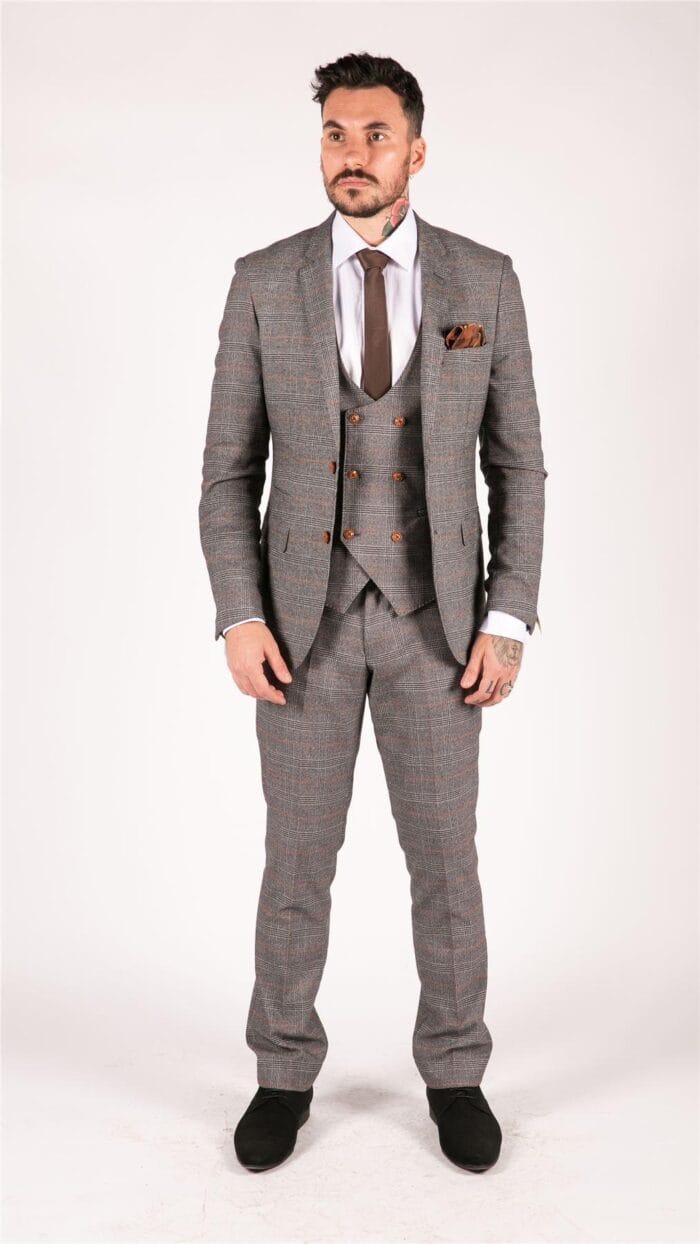 Traje de tweed gris de tres piezas, cuadros Príncipe de Gales, corte entallado y chaleco cruzado - Knighthood Store