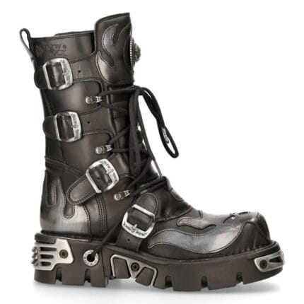 New Rock 107-S2 Schwarz/Silber Gothic Leder Flammenstiefel - Knighthood Store